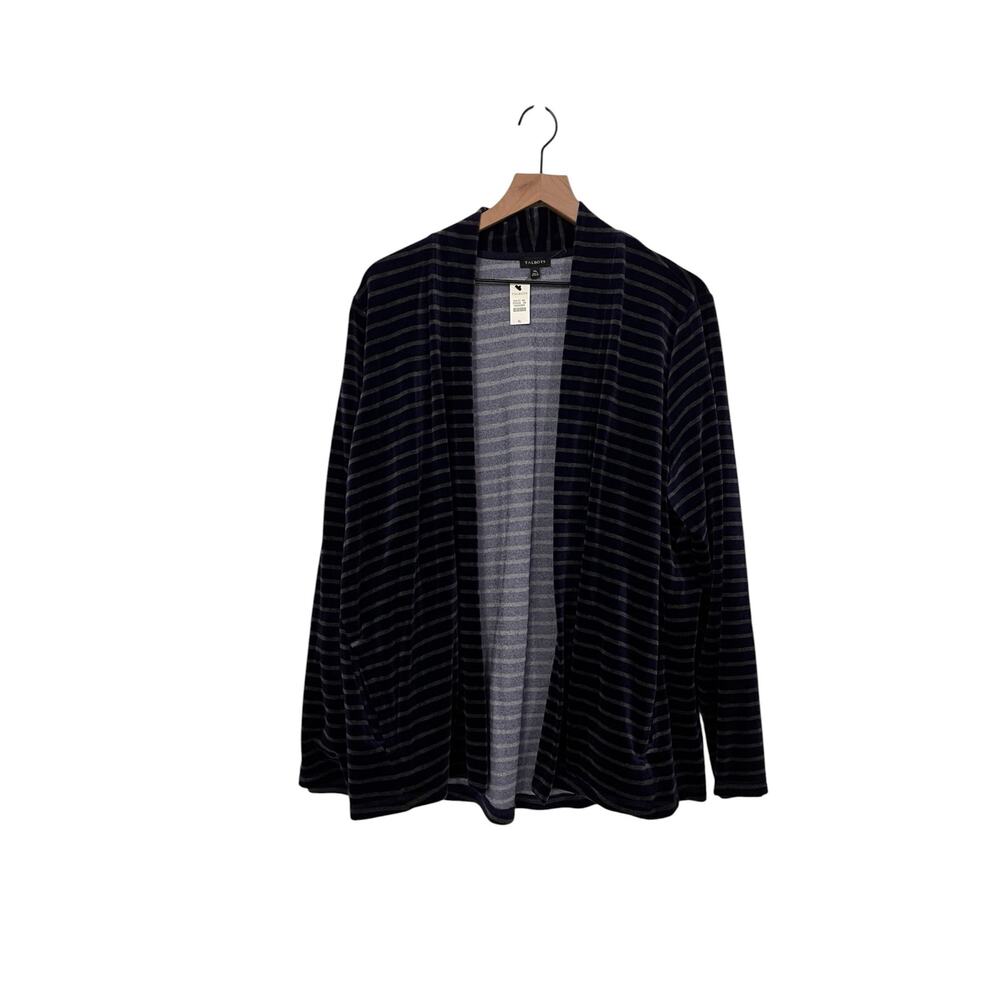 Talbots Womens Blue and Gray Velvet Striped Open Cardigan Size XL NWT